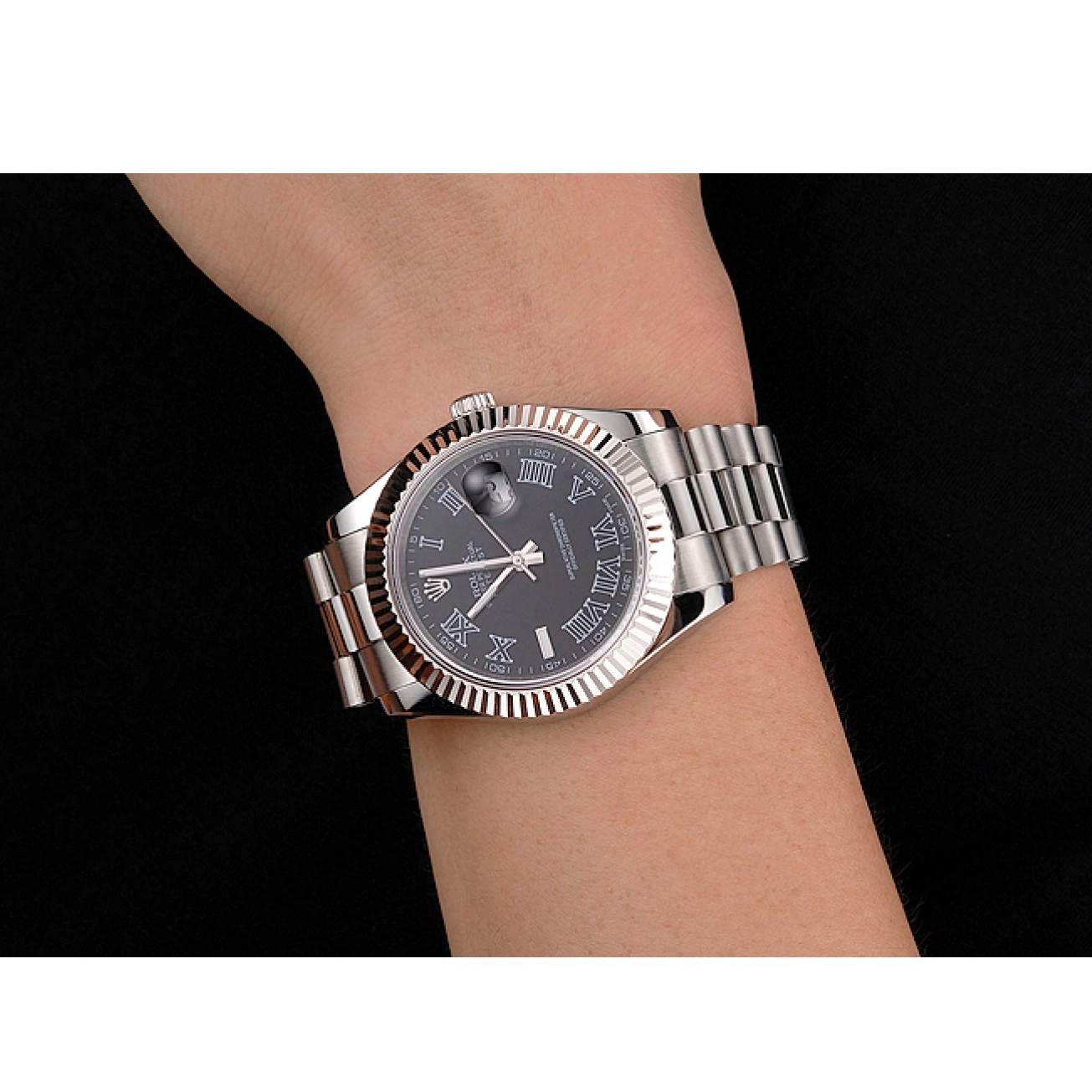 Aaa replica watch Numerals And Black Datejust Rolex Bracelet Steel Case Swiss Stainless Roman Dial 0819
